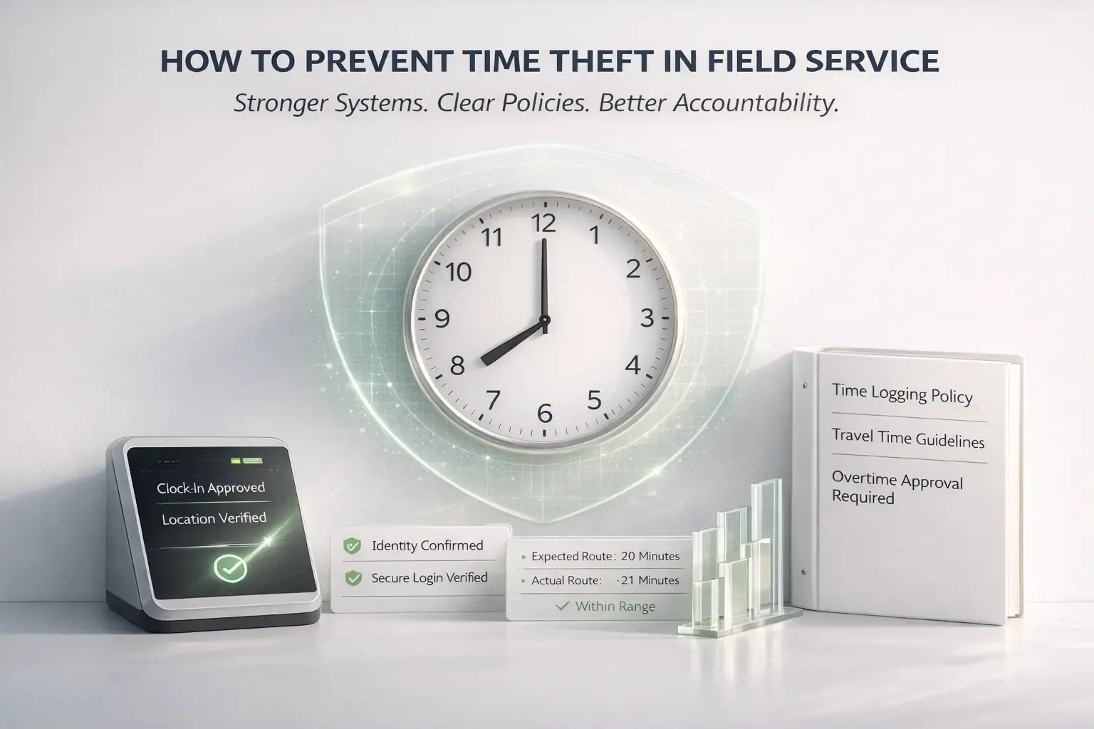 Clock with shield and verified time tracking controls on a white background